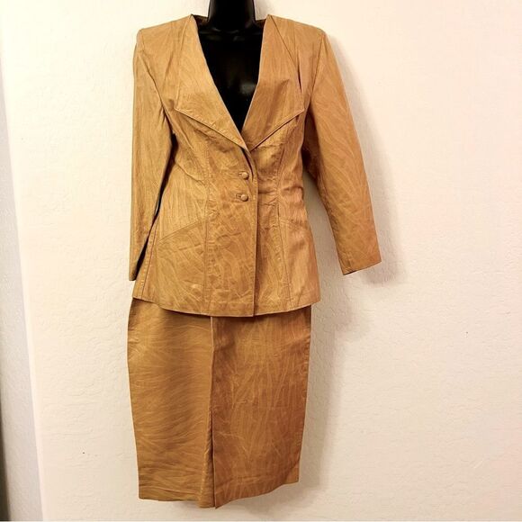80s Leather zebra Print Tan Camel Embossed Blazer Midi Pencil Skirt Suit Set 10 - Picture 1 of 16